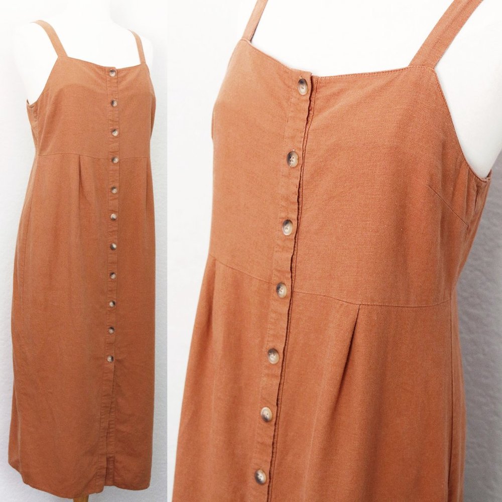 TOPSHOP Linen Blend Button Front Midi A Line Dress 10 Square Neck Camel Brown